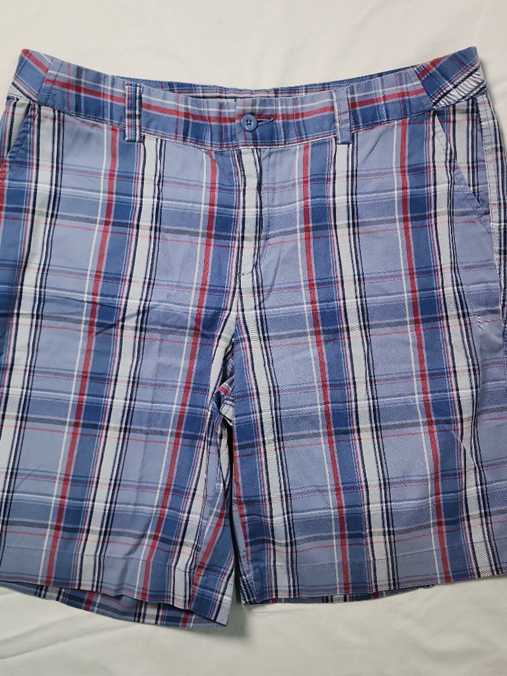Eddie Bauer Plaid Shorts Womens 14 Blue Red Chino Stretch Bermuda Casual Outdoor